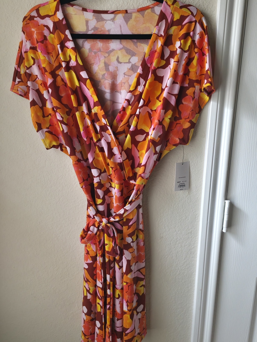 Nine West Pink, Orange & Yellow Floral Midi Wrap Dress
